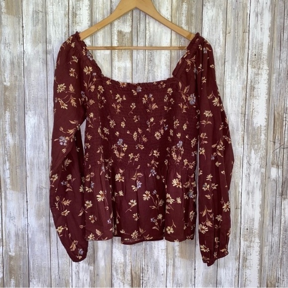 NWT Madewell Lucie Maroon Floral Smocked Square Neck Blouse - Picture 2 of 4